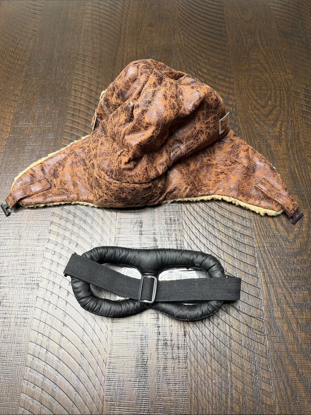 Kids Tan Sherpa Aviator Hat with Retro Pilot Goggles
